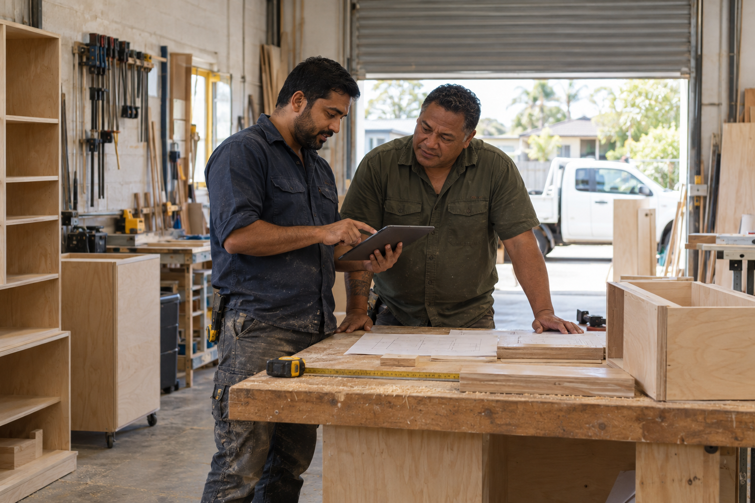 Two cabinetmakers reviewing measurements and a tablet in an Australian style joinery workshop